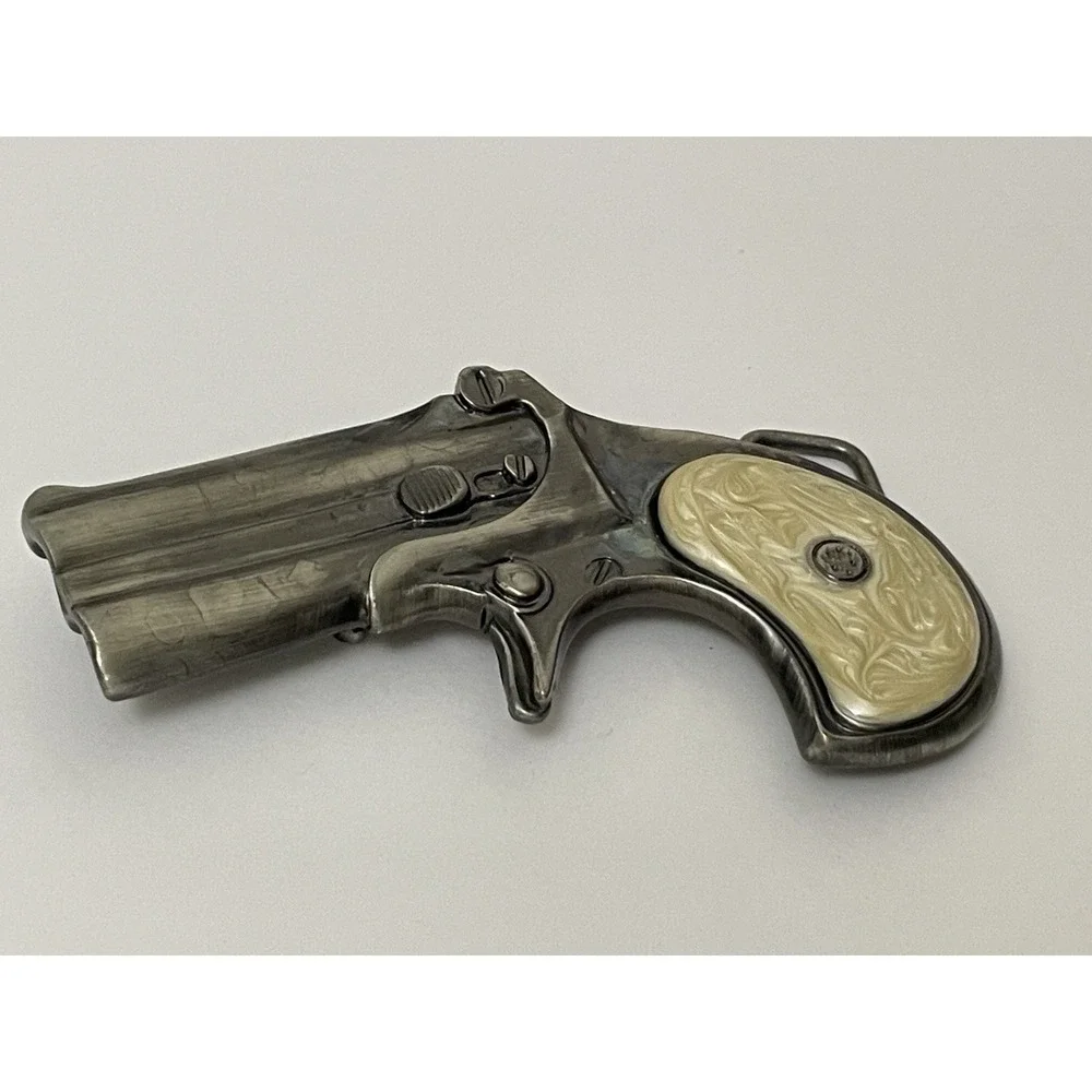 Vintage Remington Style Derringer Pistol Belt Buckle - Faux Pearl Grips